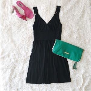 White House Black Market black dress surplice neckline gold accents Sz 4